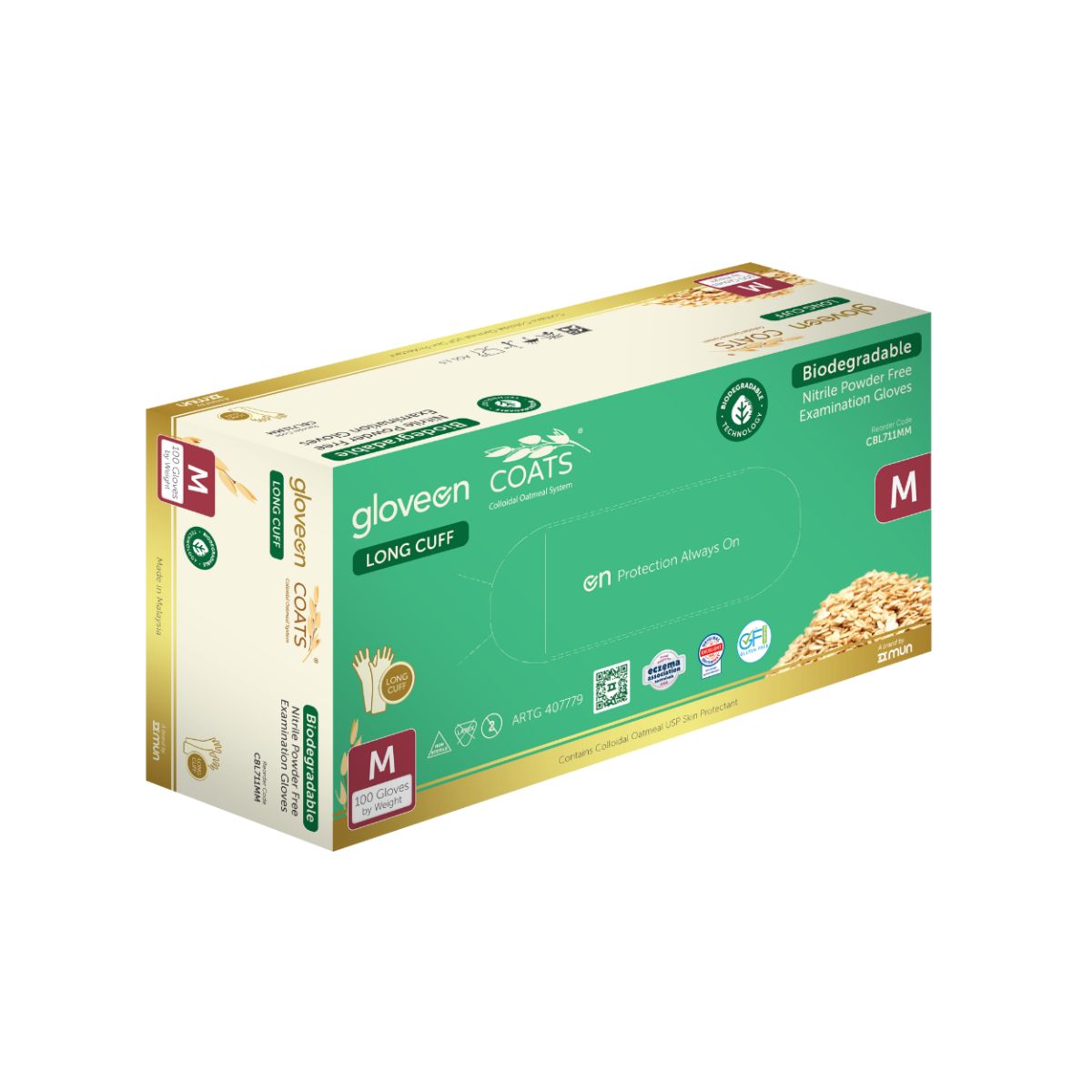 GloveOn® COATS® Colloidal Oatmeal Coated Biodegradable Long Cuff Nitrile Exam Gloves (Carton of 10 Boxes)