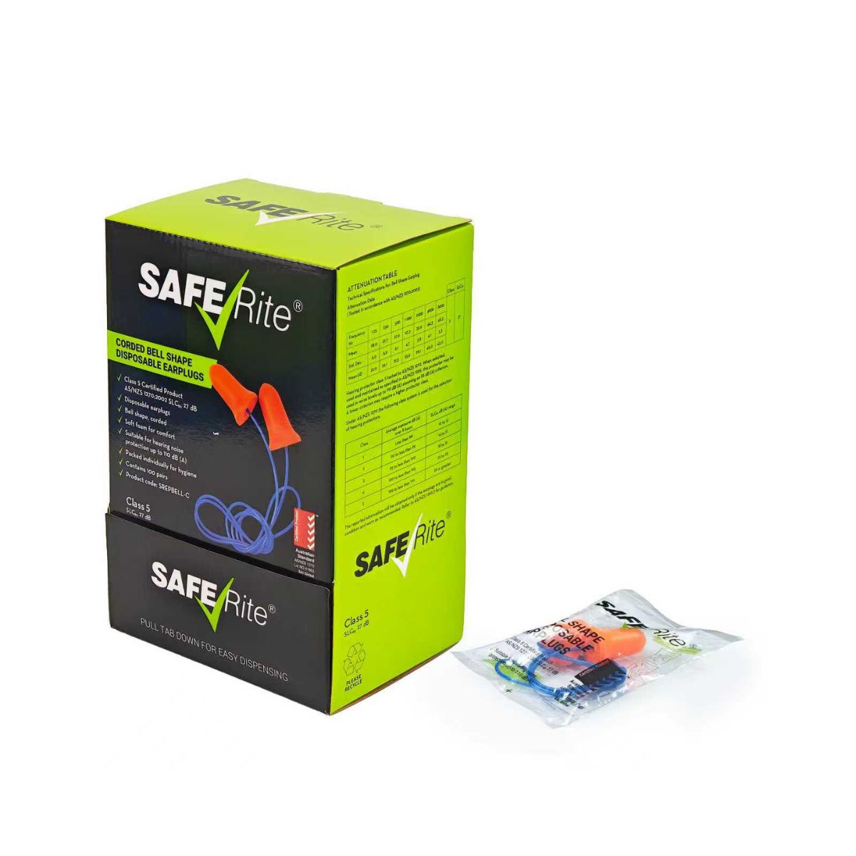 Saferite Bell Shape Disposable Class 5 Earplugs - Corded SREPBELL-C (Box of 100 Pairs)