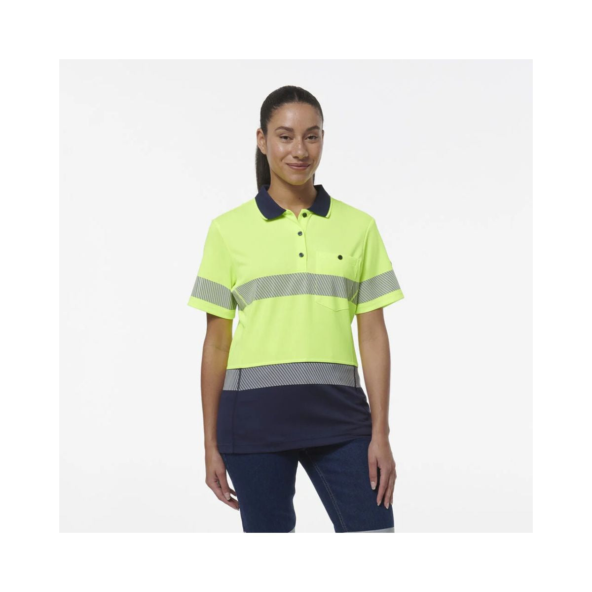 KingGee Women's Workcool Hyperfreeze Spliced Hi Vis Short Sleeve Polo Shirt With Segmented Tape K44224