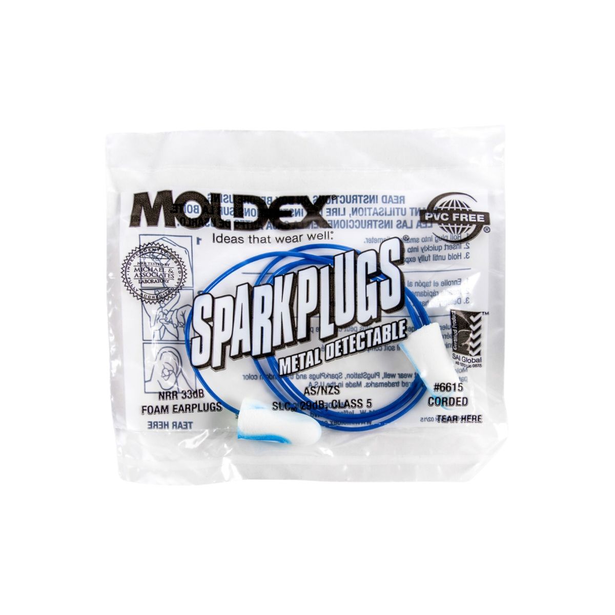 Moldex SparkPlugs® Metal Detectable Corded Disposable Foam Earplug 6615, NRR 33dB (Box Of 100)