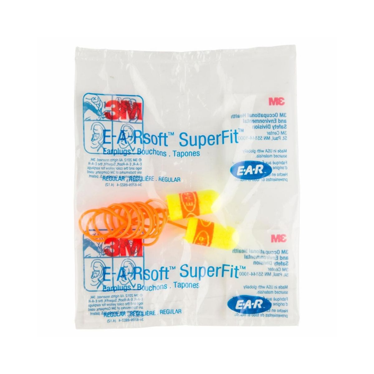 3M™ E-A-Rsoft™ SuperFit™ Earplugs 311-1254, Corded, Poly Bag, Regular Size (Box of 200 Pairs)