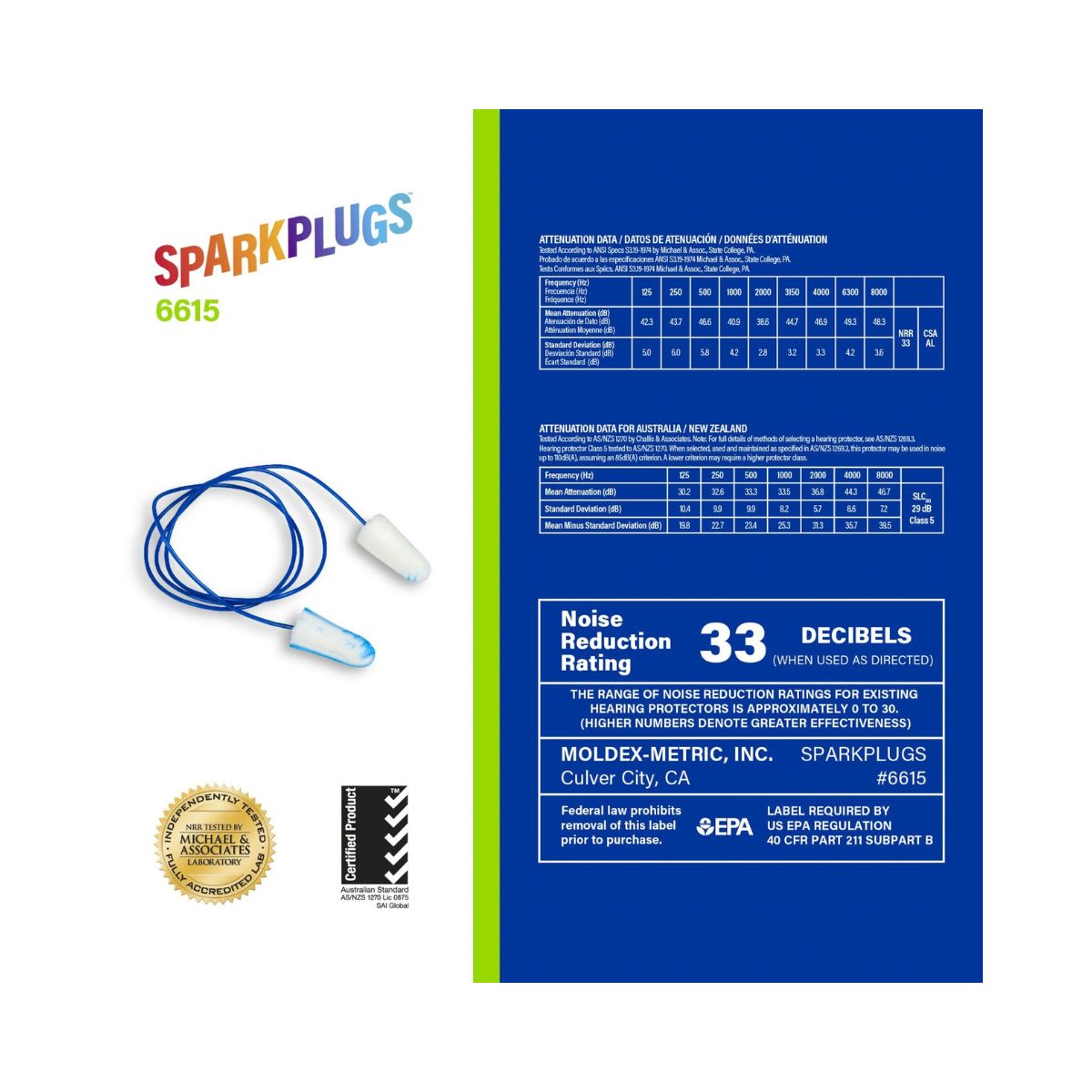 Moldex SparkPlugs® Metal Detectable Corded Disposable Foam Earplug 6615, NRR 33dB (Box Of 100)