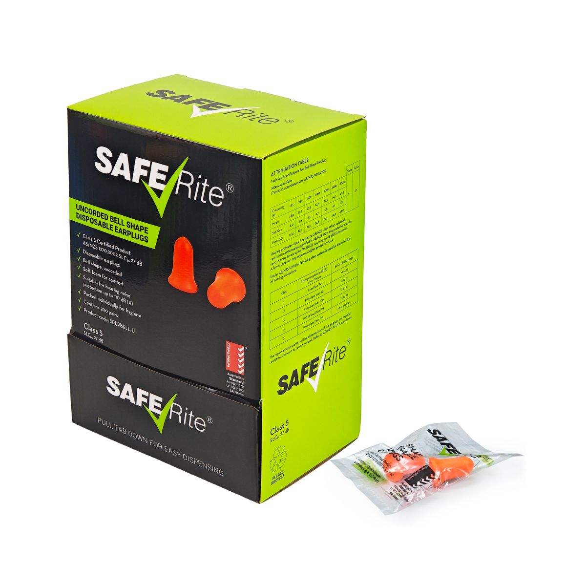 Saferite Bell Shape Disposable Class 5 Earplugs - Uncorded SREPBELL-U (Box of 200 Pairs)