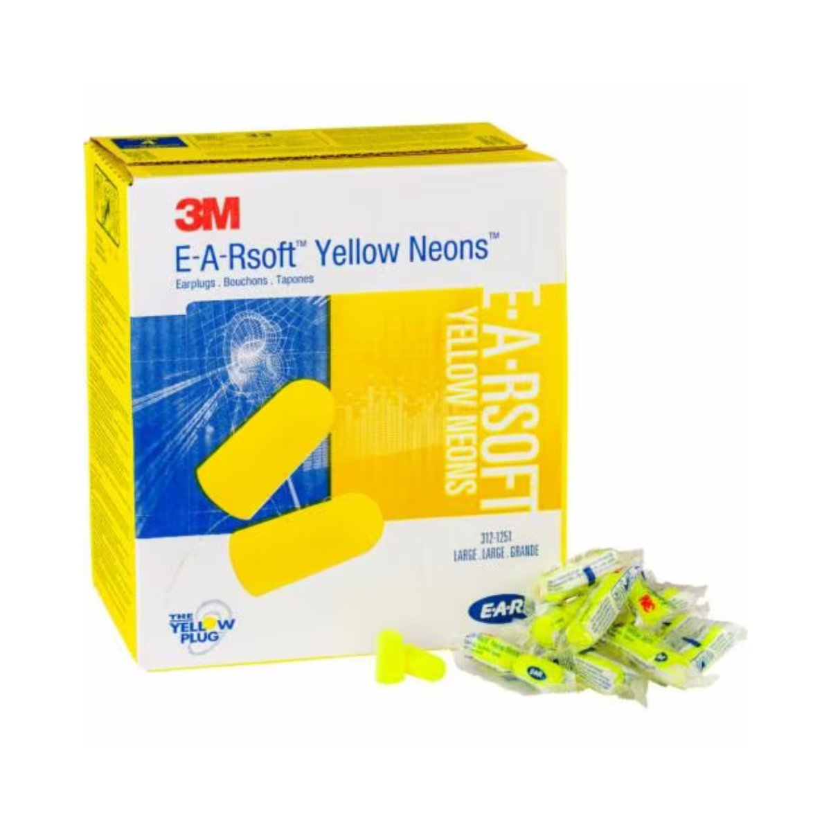 3M™ E-A-Rsoft™ Yellow Neons™ Large Uncorded, Poly Bag 312-1251 - 23dB (Class 4) (Box of 200 Pairs)