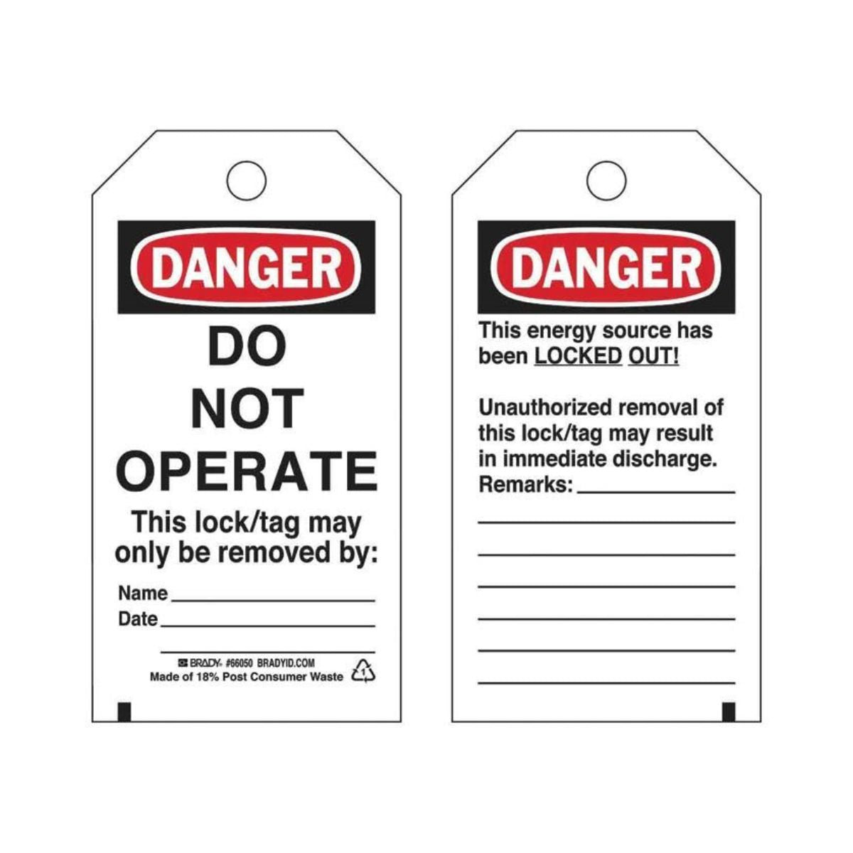 Brady Lockout Tag - Do Not Operate (Reverse Side-Unauthorised Removal..) 66050 (Pack of 25)